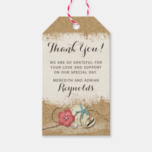 Sandy Beach Hibiscus & Shells Bruiloft Dank u Cadeaulabel (Voorkant)