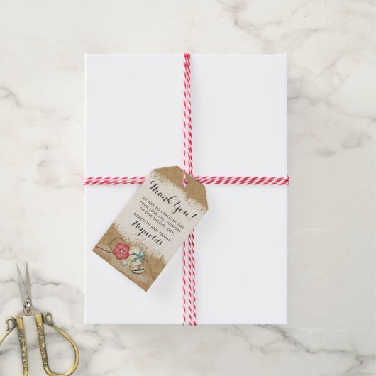 Sandy Beach Hibiscus & Shells Bruiloft Dank u Cadeaulabel (Met Touw)