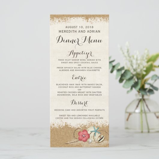 Sandy Beach Hibiscus & Shells Bruiloft Diner Menu (Staand voorkant)