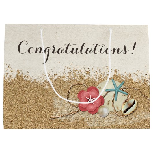 Sandy Beach Hibiscus & Shells Bruiloft Gepersonali Large Cadeautasje (Achterkant)