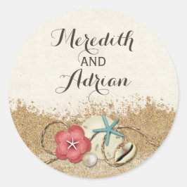 Sandy Beach Hibiscus & Shells Bruiloft Gepersonali Ronde Sticker
