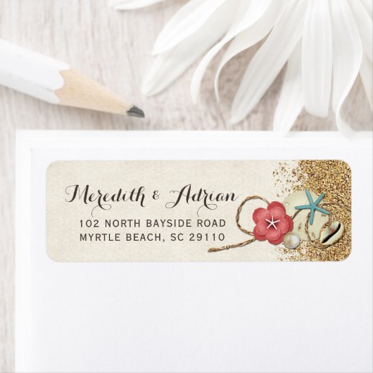 Sandy Beach Hibiscus & Shells Trouwlocatie Etiket (Insitu)