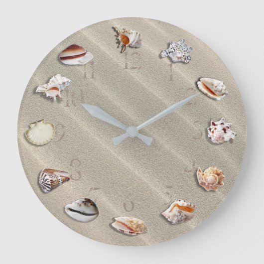 SANDY BEACH MET SEASHELLEN, ROUND WALL CLOCK GROTE KLOK (Voorkant)