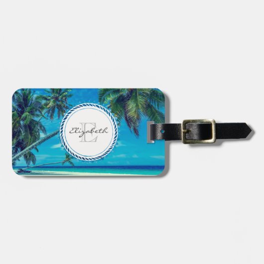 Sandy Beach met tropische palmbomen Monogram Bagagelabel (Voorkant horizontaal)