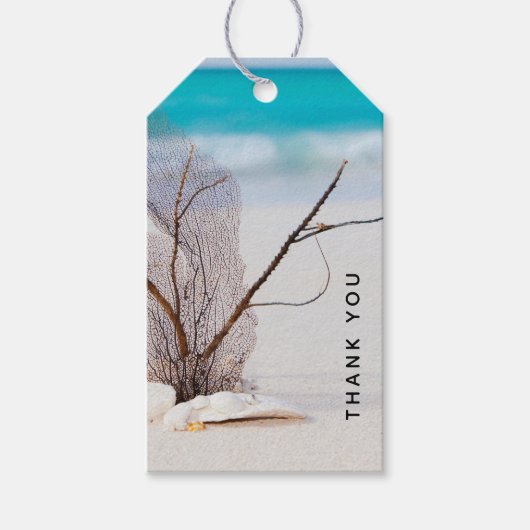 Sandy Beach met witte zeeschelpen Dank u Cadeaulabel (Voorkant)