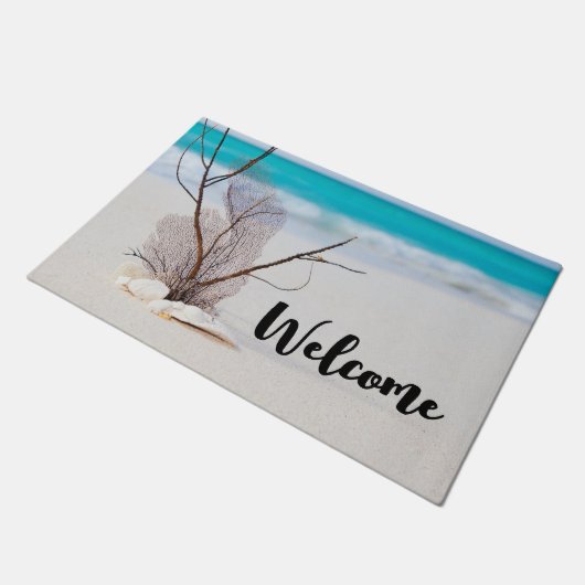 Sandy Beach met witte zeeschelpen Welkom Deurmat (Schuin)