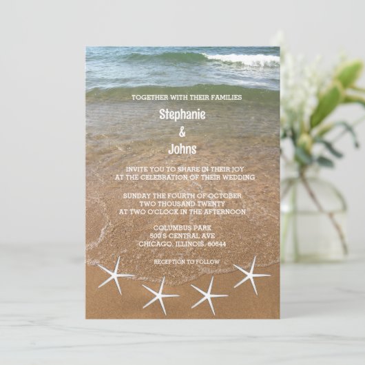 Sandy Beach Ocean Starfish Destination Wedding Kaart (Staand voorkant)