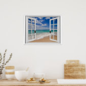 Sandy Beach Ocean Uitzicht Faux Window Poster (Keuken)