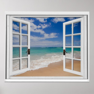 Sandy Beach Ocean Uitzicht Faux Window Poster