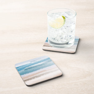 Sandy Beach Ocean Waves Abstracte Waterverf Bier Onderzetter