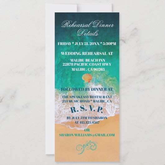 Sandy Beach Ocean Waves Rehearsal Dinner Kaart (Achterkant)