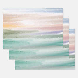 Sandy Beach Ocean Waves Sunset Abstracte Waterverf Inpakpapier Vel