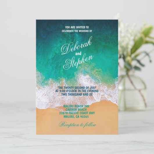 Sandy Beach, Ocean Waves Wedding Invitations Kaart (Staand voorkant)