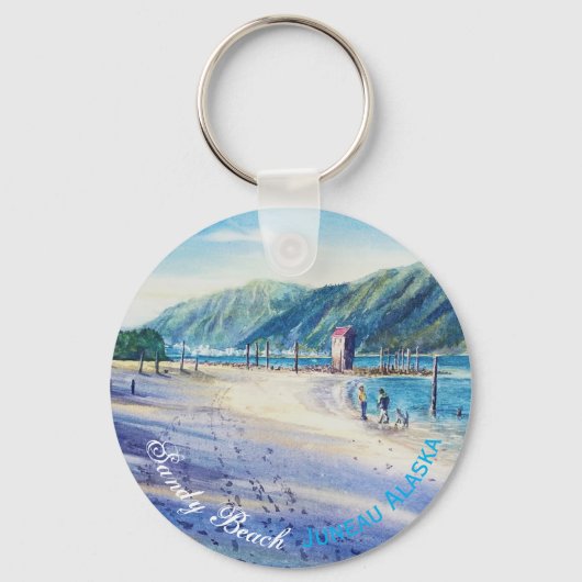 Sandy Beach Scene of Juneau Alaska Waterverf Art Sleutelhanger (Voorkant)