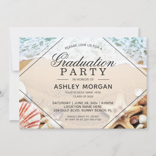 Sandy Beach Starfish Seashell Graduparty Kaart (Voorkant)