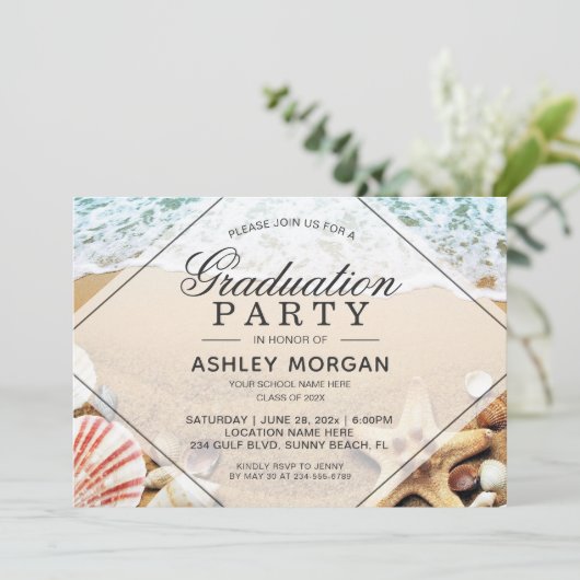 Sandy Beach Starfish Seashell Graduparty Kaart (Staand voorkant)