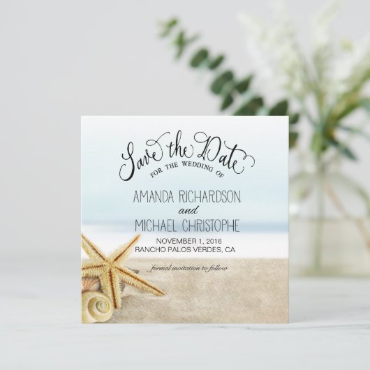 Sandy Beach Starfish Seashells Save the Date (Staand voorkant)