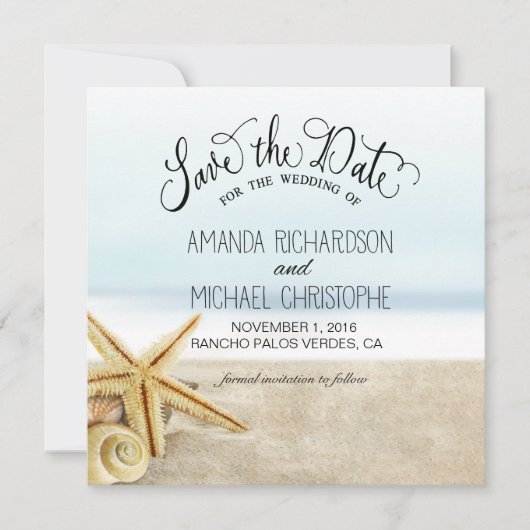 Sandy Beach Starfish Seashells Save the Date (Voorkant)