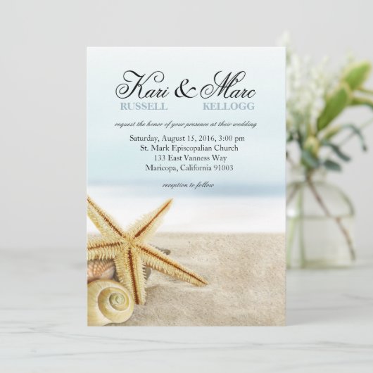 Sandy Beach Starfish Seashells Weddenschap Kaart (Staand voorkant)