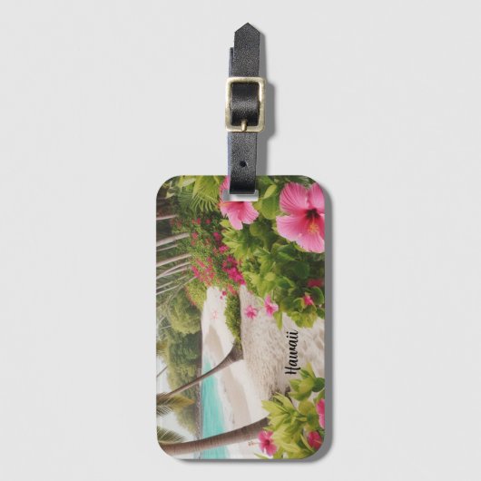 Sandy Beach Tropisch Hawaii Roze Hibiscus Bloemen Bagagelabel (Voorkant (verticaal))