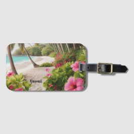 Sandy Beach Tropisch Hawaii Roze Hibiscus Bloemen Bagagelabel