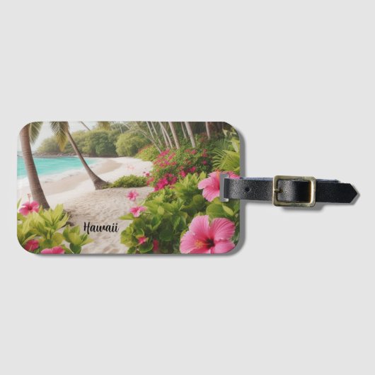 Sandy Beach Tropisch Hawaii Roze Hibiscus Bloemen Bagagelabel (Voorkant (horizontaal))
