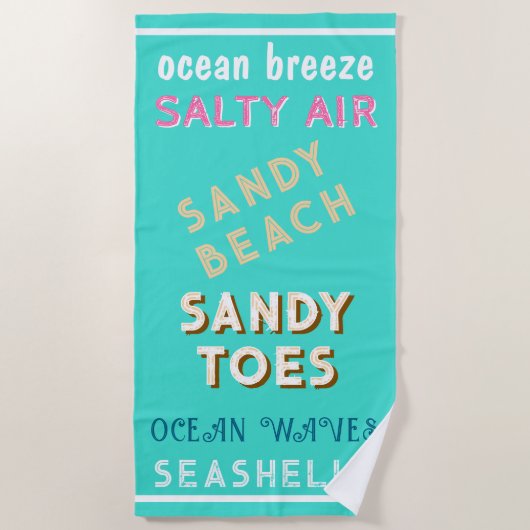 Sandy Beach Turquoise Oceaan Typografie Strandlaken (Voorkant)