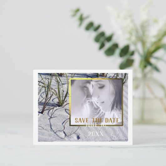 Sandy Beach Uw foto Bewaar de datum Aankondigingskaart (Staand voorkant)