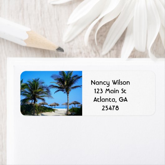 Sandy Beach with Palm Trees and An Ocean Uitzicht Etiket (Insitu)