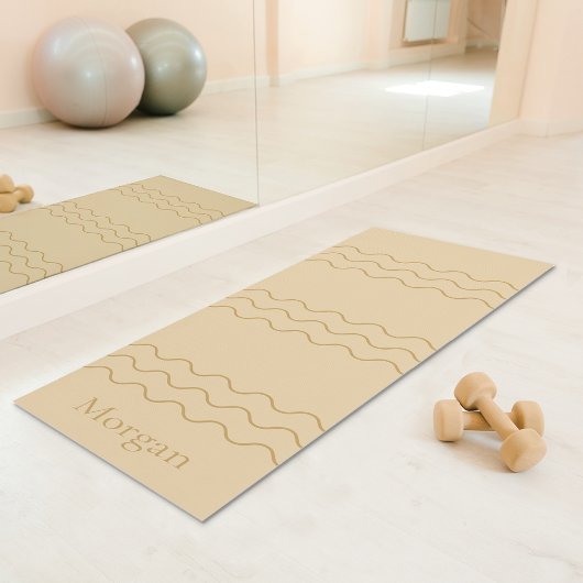 Sandy Beige Modern Wavy Lines With Custom Name Yogamat