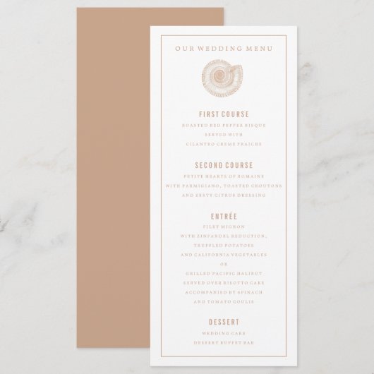 Sandy Beige Zee Shell Wedding Dinner Menu (Voorkant / Achterkant)