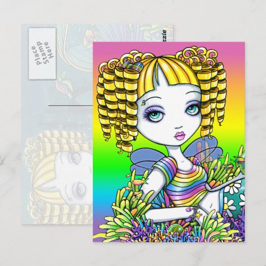 "Sandy" Cute Rainbow Mermaid Fairy Art Briefkaart (Voorkant / Achterkant)