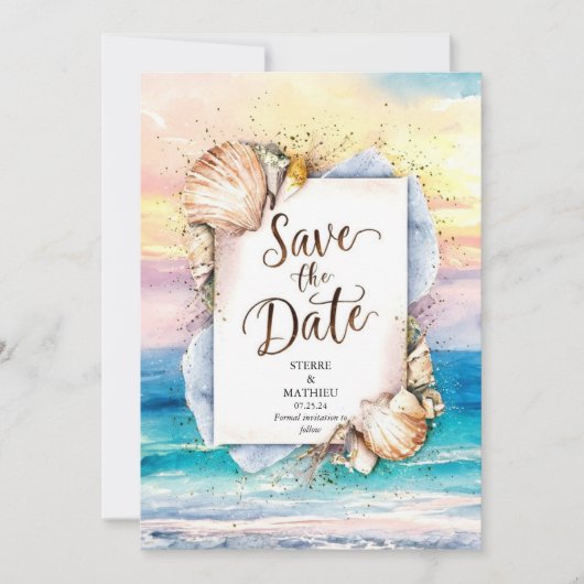 Sandy geschilderd romantisch strand bruiloft save the date (Voorkant)