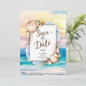 Sandy geschilderd romantisch strand bruiloft save the date (Staand voorkant)