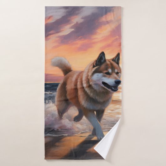 Sandy Paws Akita Hond op Strand Zonsondergang Bad Handdoek (Badhanddoek)