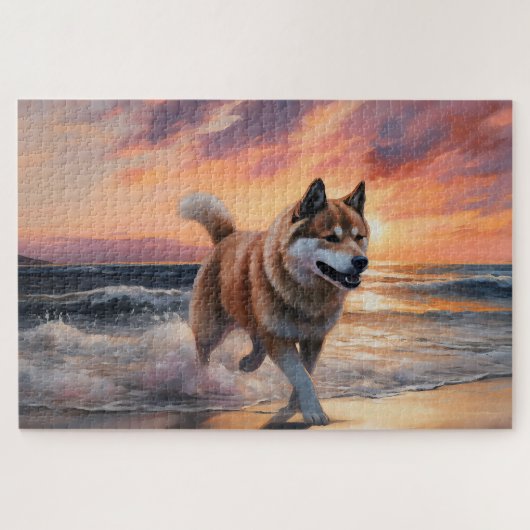 Sandy Paws Akita Hond op Strand Zonsondergang Legpuzzel (Horizontaal)