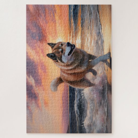 Sandy Paws Akita Hond op Strand Zonsondergang Legpuzzel (Verticaal)