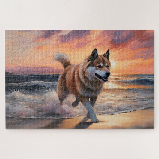Sandy Paws Akita Hond op Strand Zonsondergang Legpuzzel (Horizontaal)