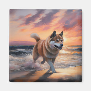 Sandy Paws Akita Hond op Strand Zonsondergang Magneet