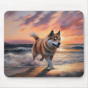 Sandy Paws Akita Hond op Strand Zonsondergang Muismat