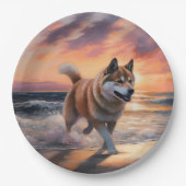 Sandy Paws Akita Hond op Strand Zonsondergang Papieren Bordje (Voorkant)