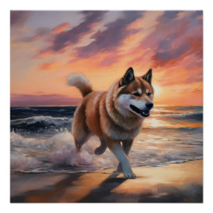 Sandy Paws Akita Hond op Strand Zonsondergang Perfect Poster