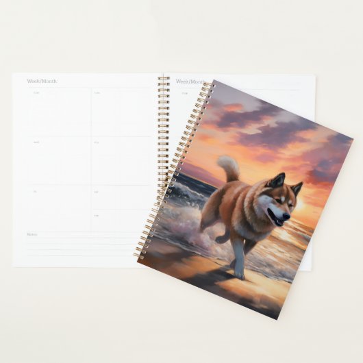 Sandy Paws Akita Hond op Strand Zonsondergang Planner (Display)