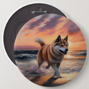 Sandy Paws Akita Hond op Strand Zonsondergang Ronde Button 6,0 Cm