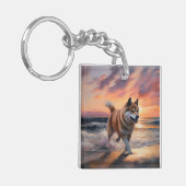 Sandy Paws Akita Hond op Strand Zonsondergang Sleutelhanger (Voorkant Links)