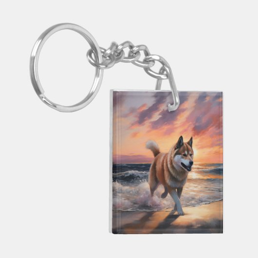 Sandy Paws Akita Hond op Strand Zonsondergang Sleutelhanger (Voorkant Links)