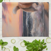 Sandy Paws Akita Hond op Strand Zonsondergang Theedoek (Gevouwen)