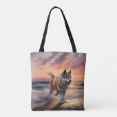 Sandy Paws Akita Hond op Strand Zonsondergang Tote Bag (Achterkant)