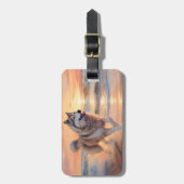 Sandy Paws Alaskan Malamute Hond op Strand Zonsond Bagagelabel (Voorkant verticaal)