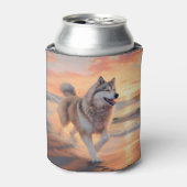 Sandy Paws Alaskan Malamute Hond op Strand Zonsond Blikjeskoeler (Blikje Voorkant)